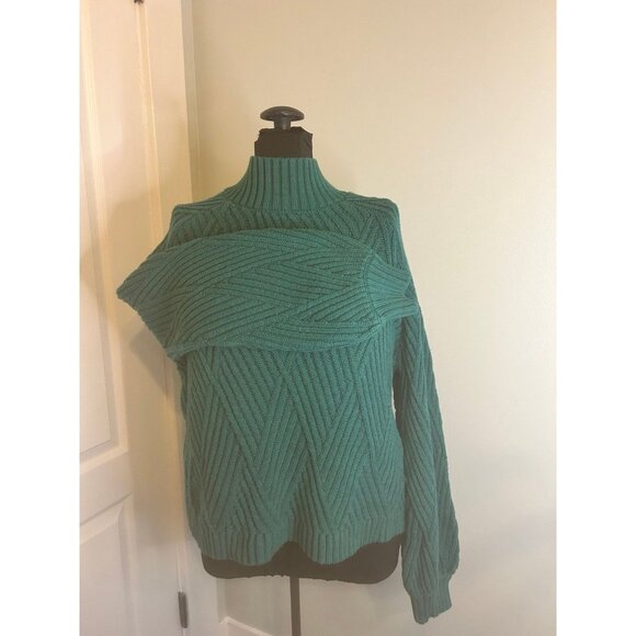 Pink Lily Womens S Teal Chevron Pattern Mock Neck Cable Knit Sweater - Picture 3 of 10